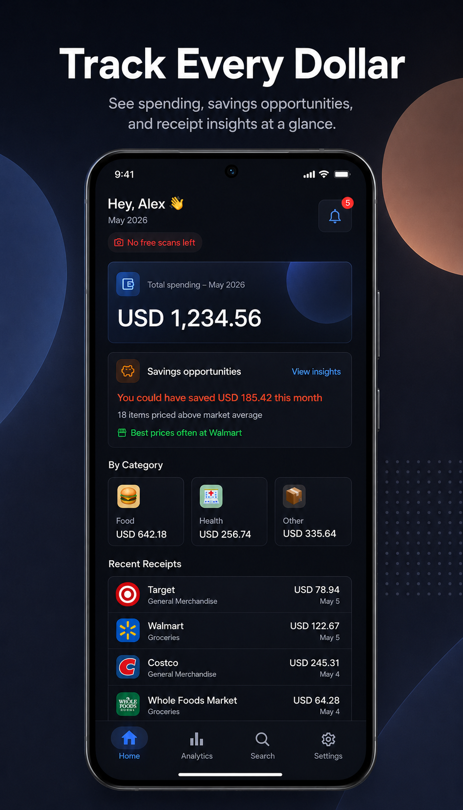 SnapSpend home screen — total spending, savings opportunities, categories and recent receipts.