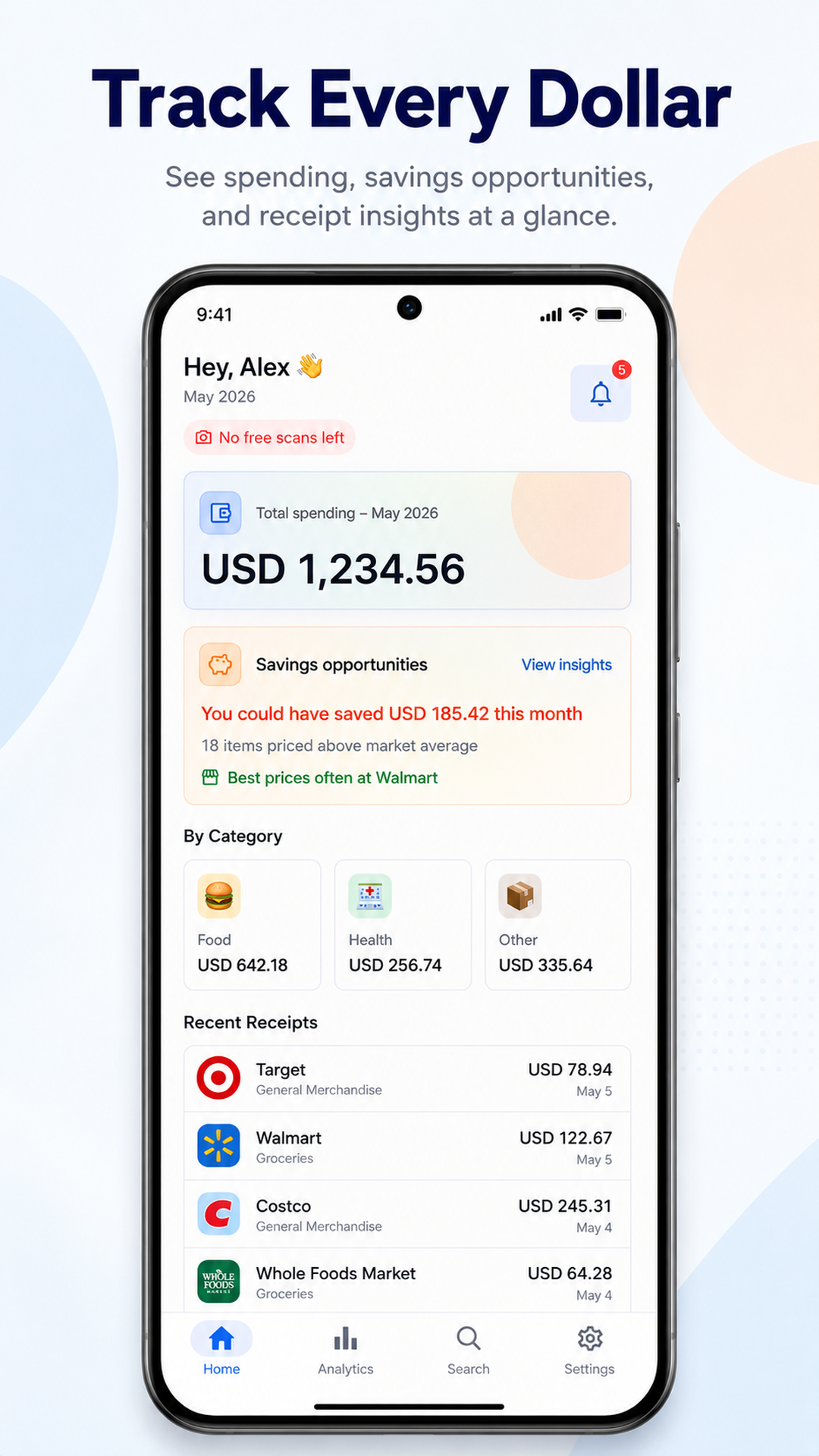 SnapSpend home screen — total spending, savings opportunities, categories and recent receipts.